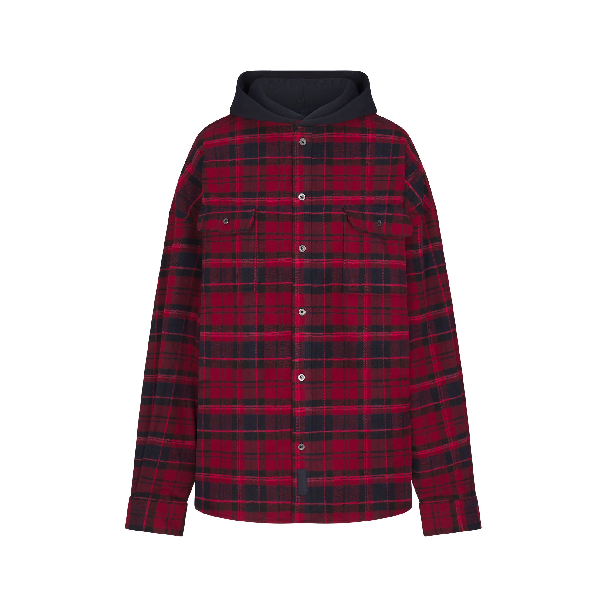 OUTDOOR FLANNEL OVERSIZED HOODED SHIRT | MERLOT CABIN PLAID & LAYS FLAT ON A WHITE BACKGROUND | FLT