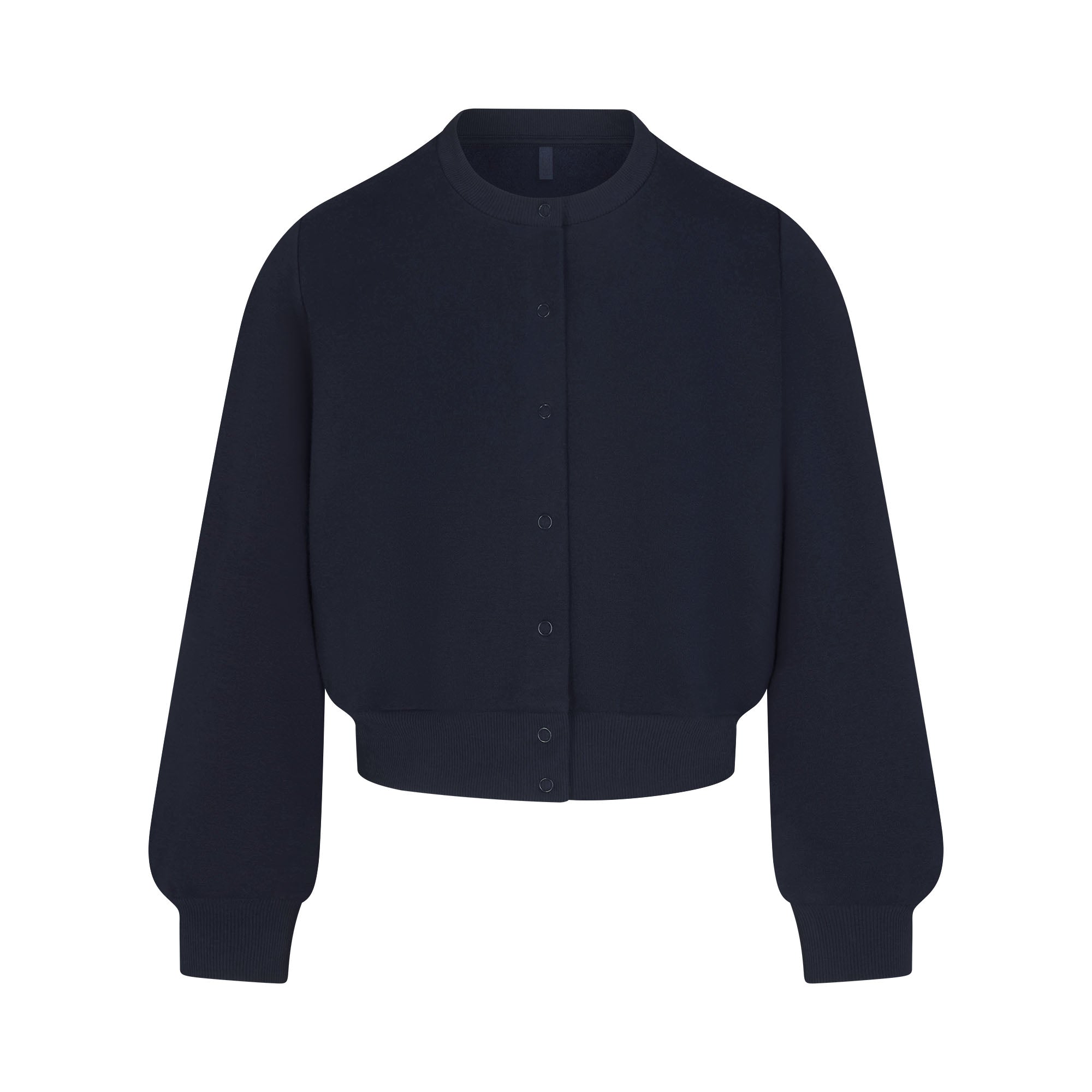 COTTON FLEECE SHRUNKEN CARDIGAN | NAVY & LAYS FLAT ON A WHITE BACKGROUND | FLT