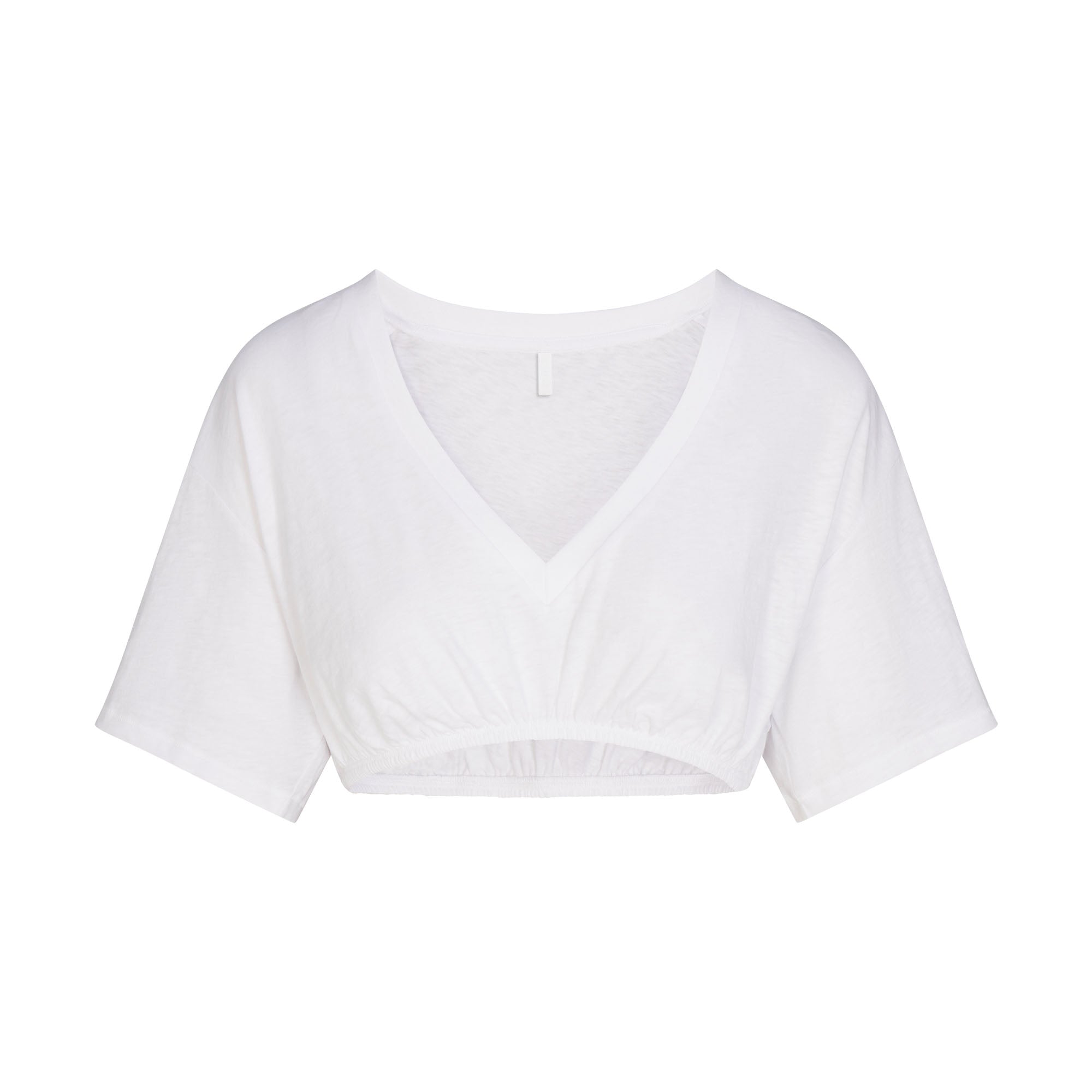 WORN IN JERSEY SUPER CROPPED V-NECK T-SHIRT | SNOW FLAT ON A WHITE BACKGROUND | FLT