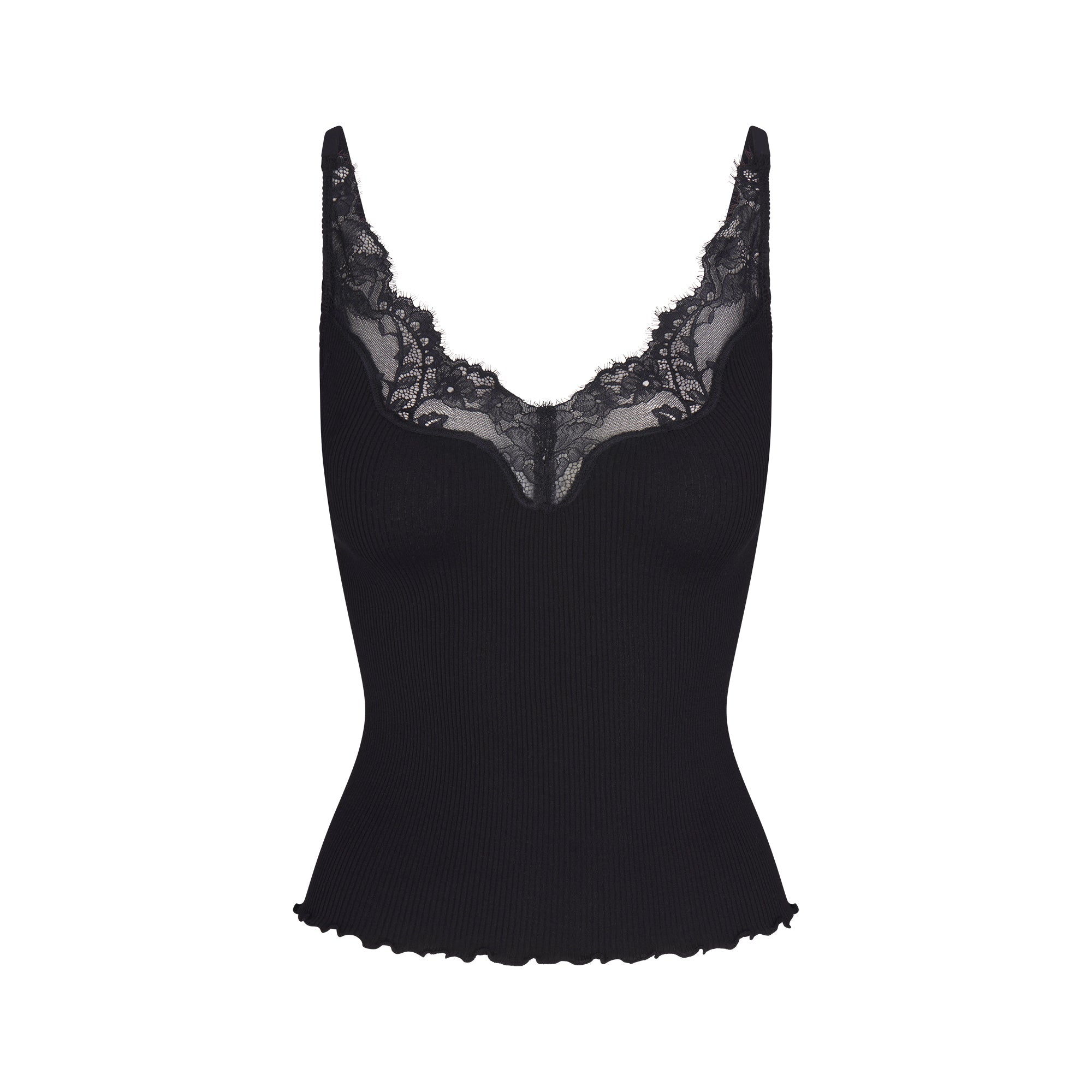 RIB KNIT LACE CAMI | OBSIDIAN FLAT ON A WHITE BACKGROUND | FLT