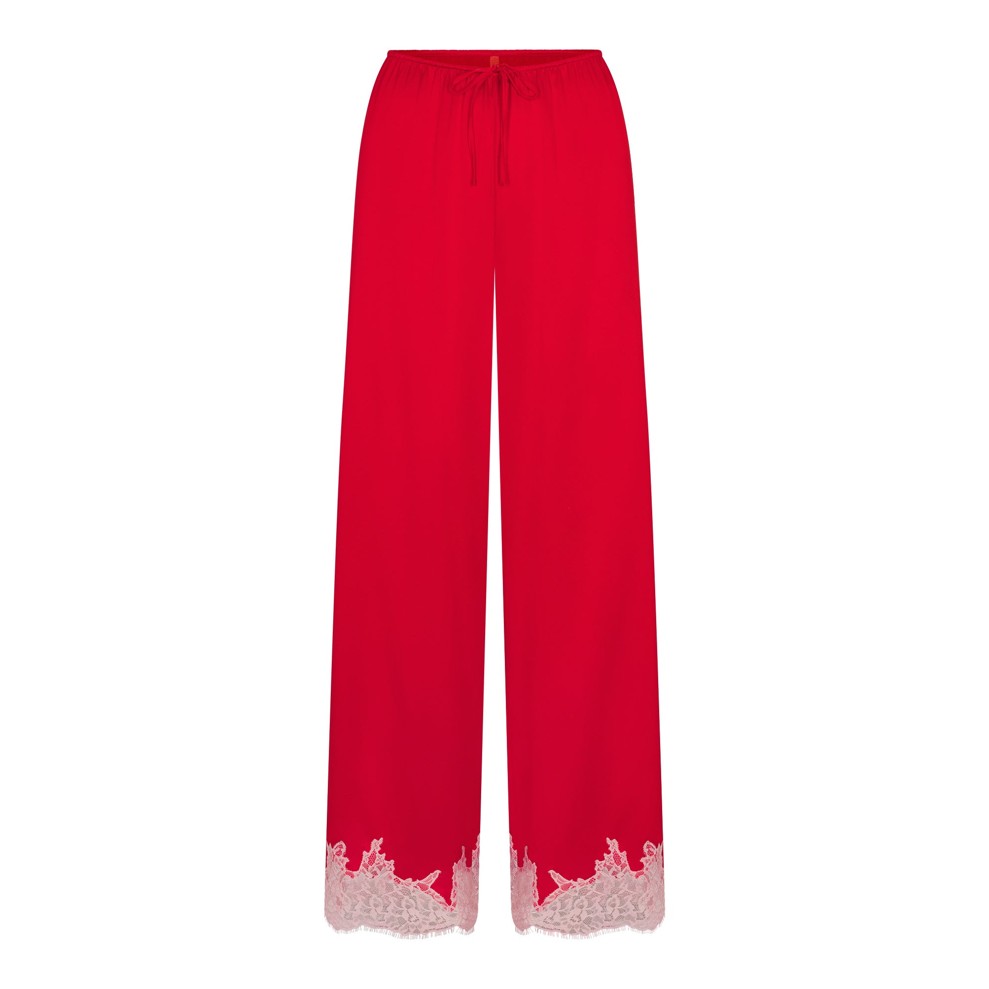 SILK LACE STRAIGHT LEG PANT | RUBY CONTRAST FLAT ON A WHITE BACKGROUND | FLT