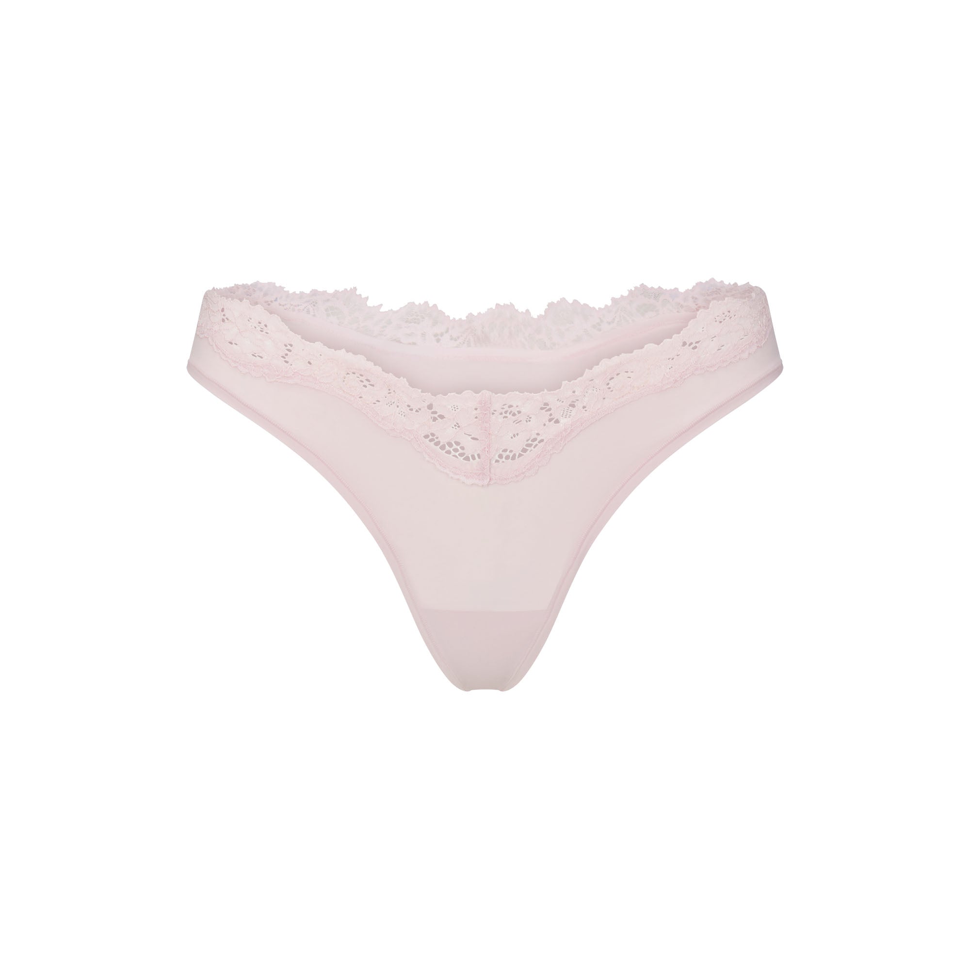 FITS EVERYBODY LACE DIPPED THONG 5-PACK | IVORY PEARL BOW MULTI LAYS FLAT ON A WHITE BACKGROUND