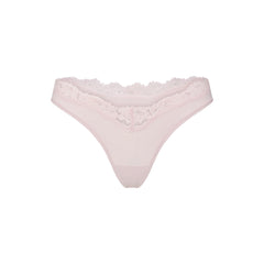 FITS EVERYBODY LACE DIPPED THONG 5-PACK | IVORY PEARL BOW MULTI LAYS FLAT ON A WHITE BACKGROUND