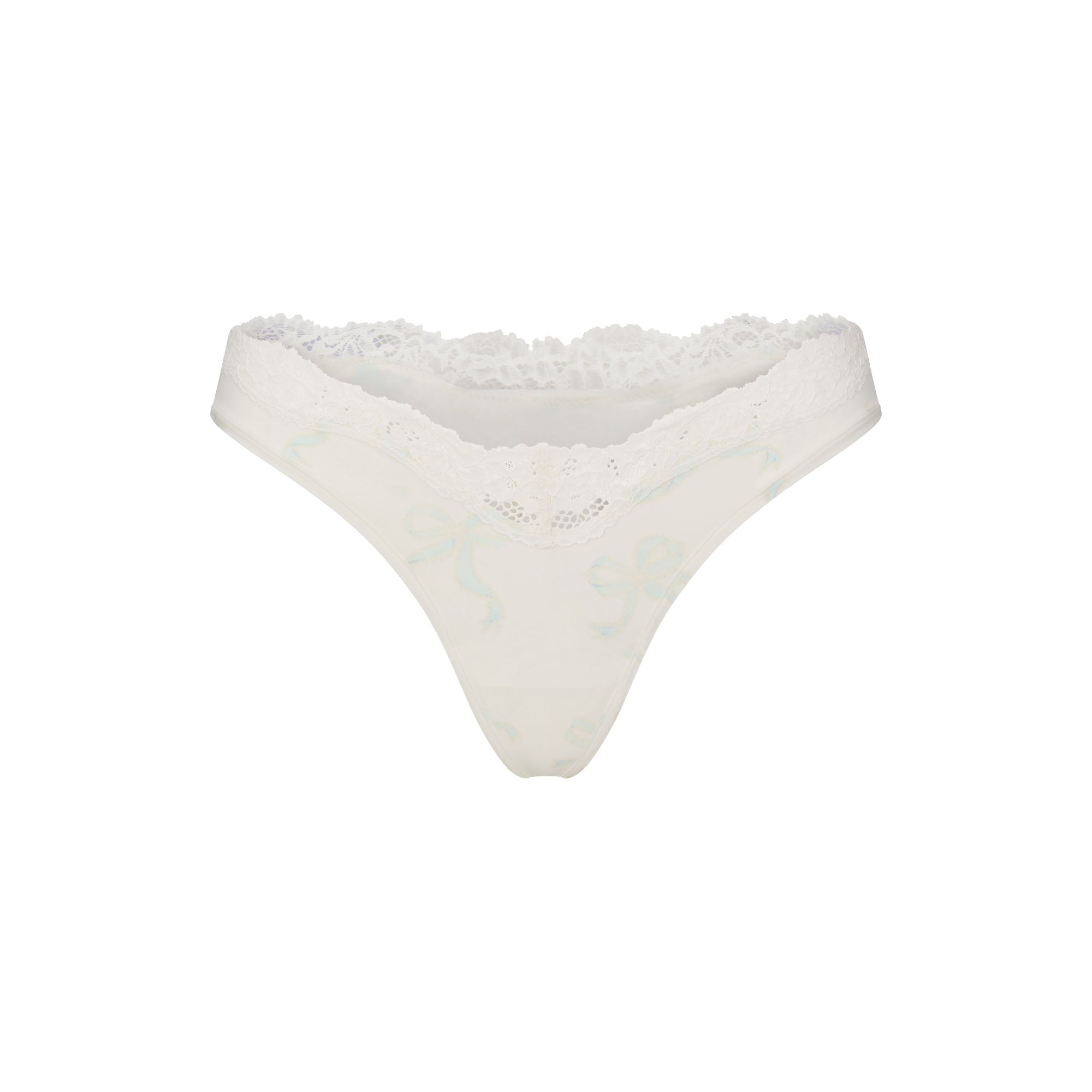 FITS EVERYBODY LACE DIPPED THONG 5-PACK | IVORY PEARL BOW MULTI LAYS FLAT ON A WHITE BACKGROUND