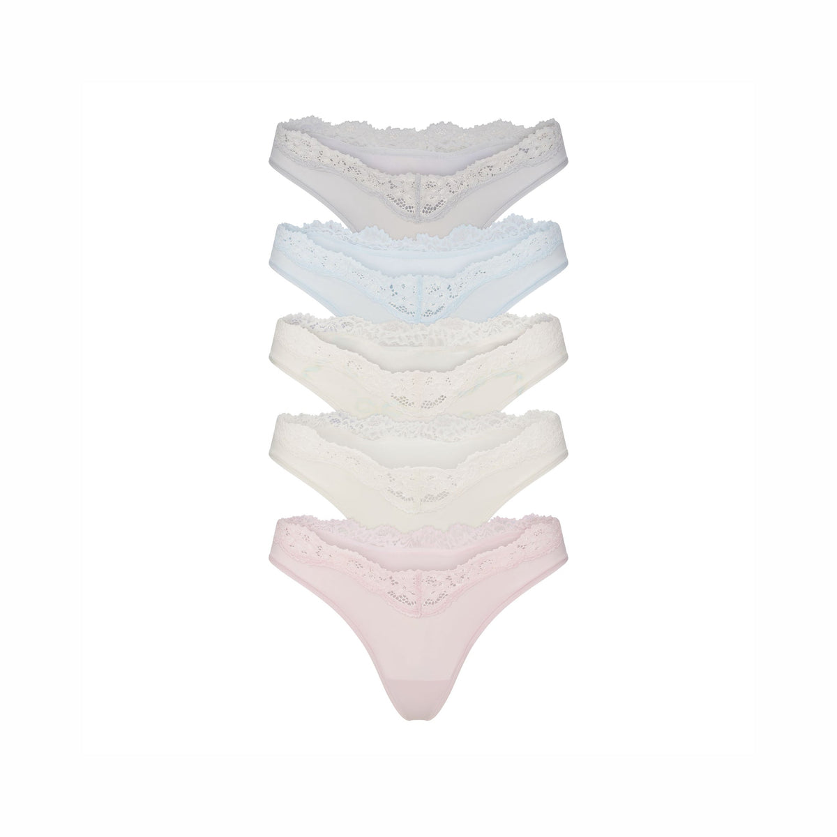 FITS EVERYBODY LACE DIPPED THONG 5-PACK | IVORY PEARL BOW MULTI LAYS FLAT ON A WHITE BACKGROUND | @ | FOCUS: 0.0, 1.0, 0.9