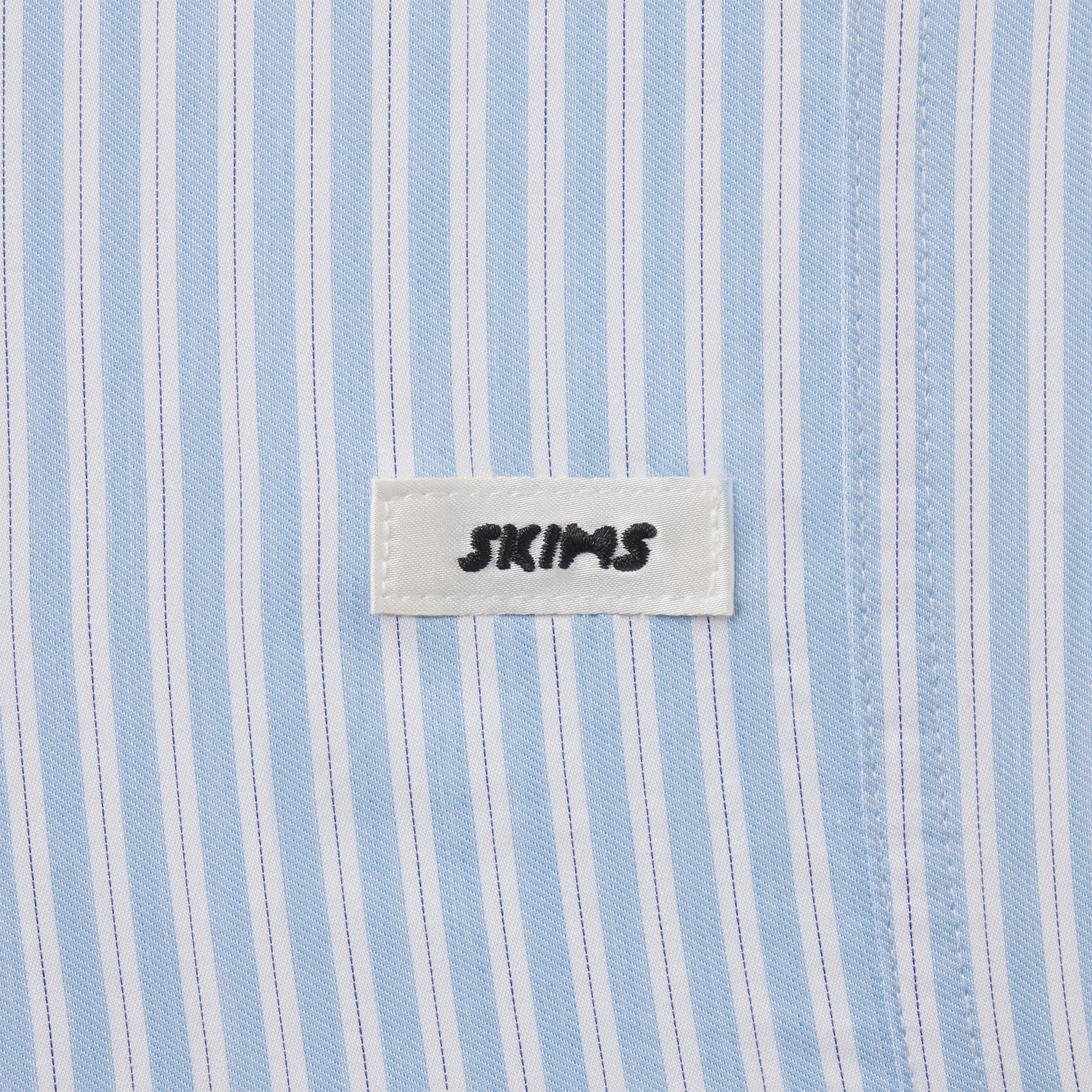 COTTON POPLIN SLEEP CROPPED BUTTON UP AND BLOOMER SET | MARINA MESH STRIPE ON A MODEL | FOCUS: 0.0, 1.0, 0.9