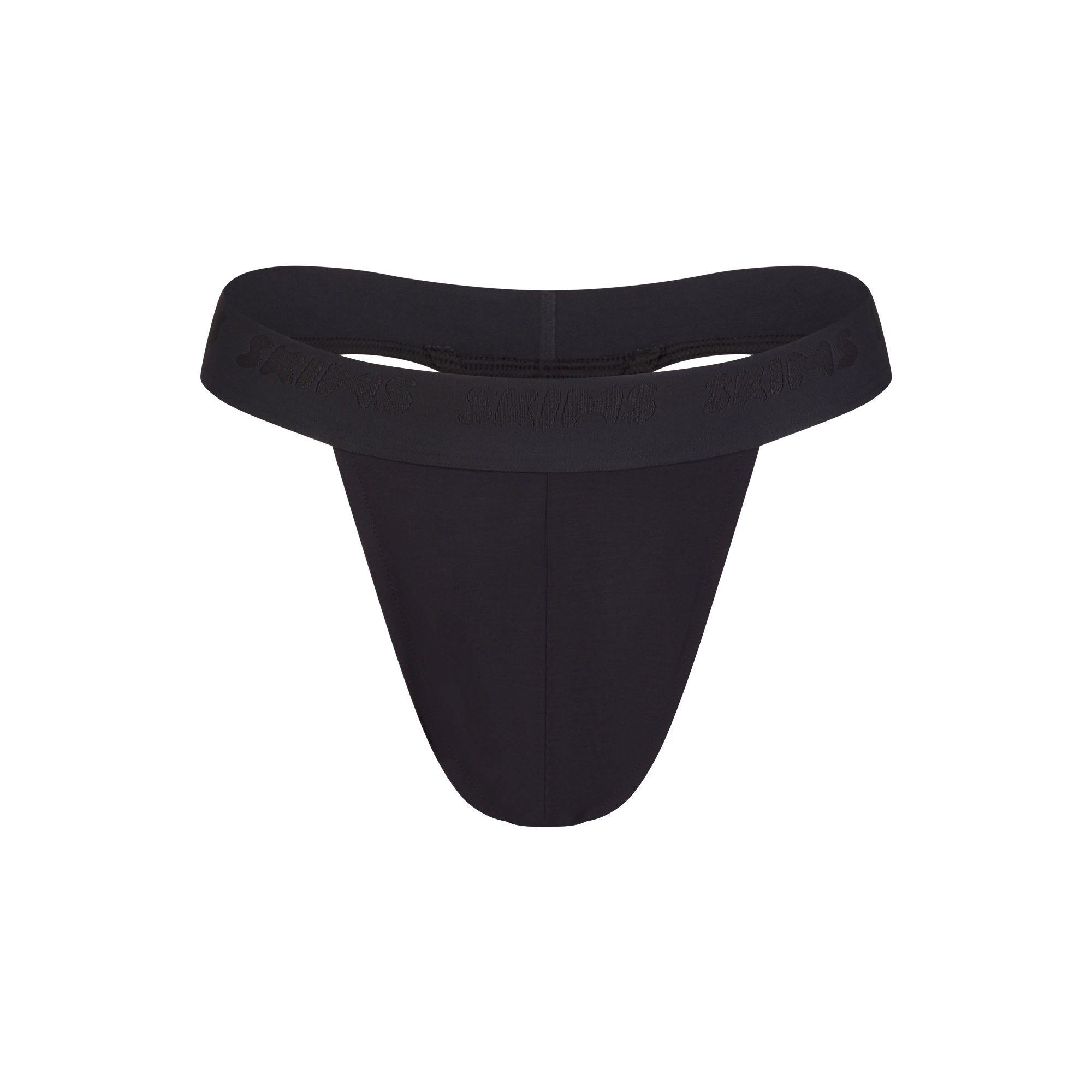 SKIMS STRETCH MENS THONG | OBSIDIAN FLAT ON A WHITE BACKGROUND | FLT @ | FOCUS: 0.0, 1.0, 0.9