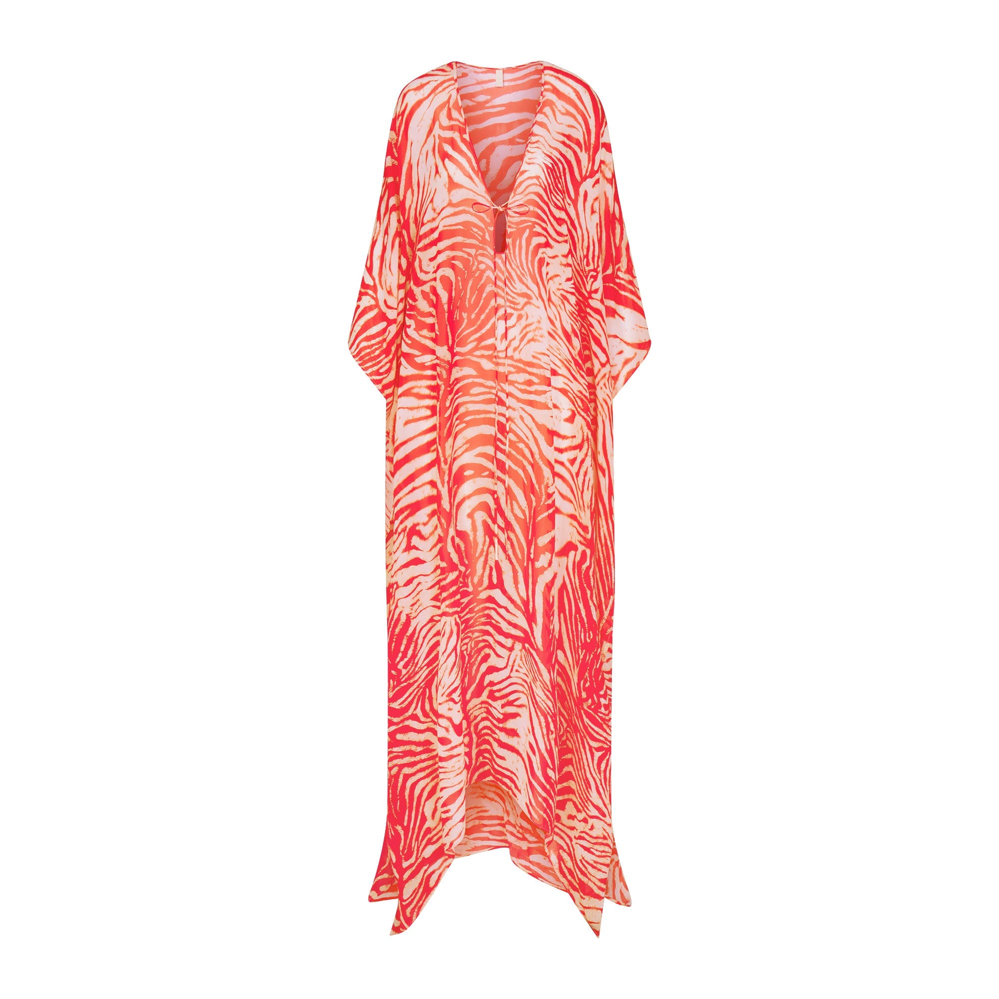 SHEER COVER-UPS LONG KAFTAN | CARMINE ZEBRA PRINT FLAT ON A WHITE BACKGROUND | FLT