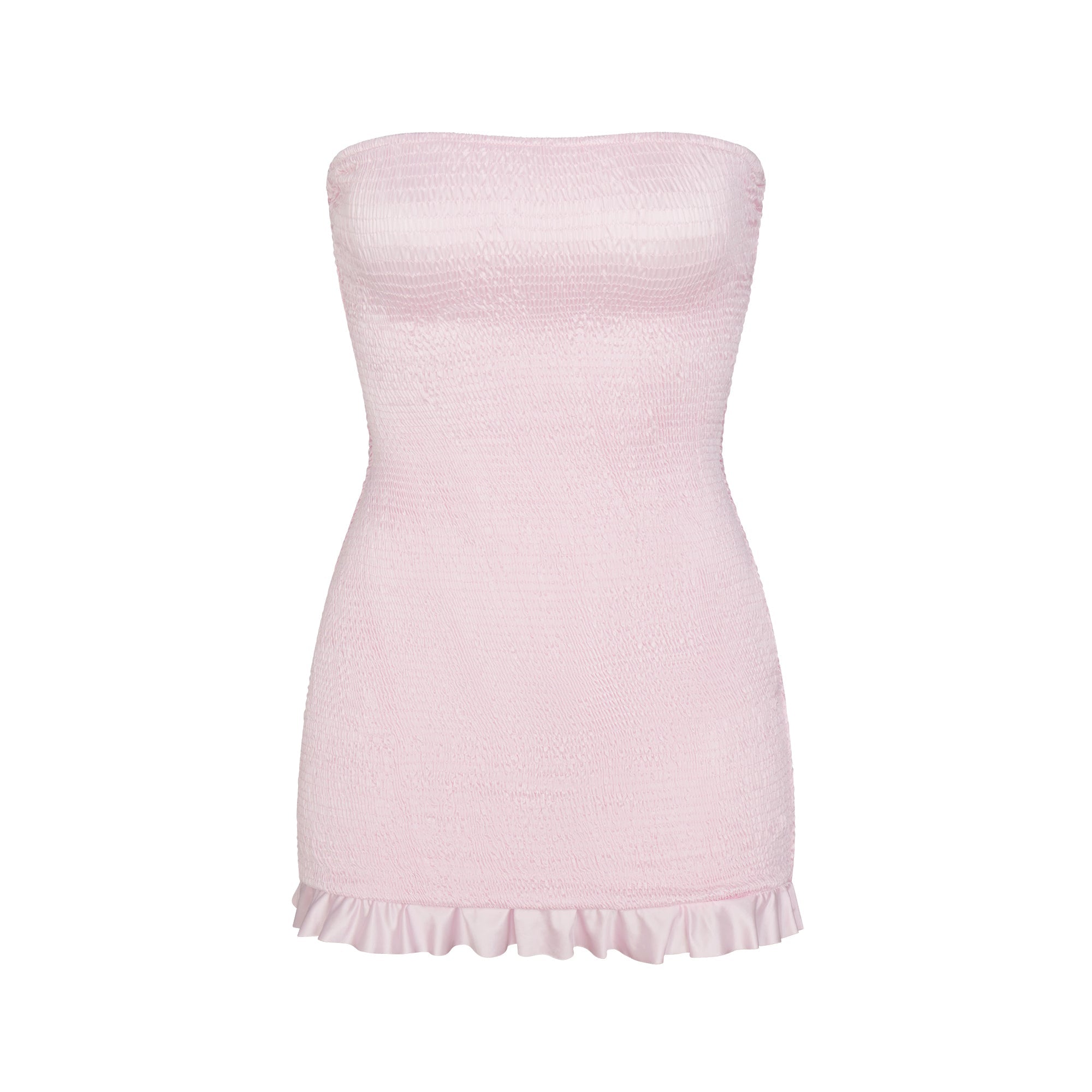 SATIN SWIM RUCHED MINI DRESS | CHERRY BLOSSOM FLAT ON A WHITE BACKGROUND | FLT
