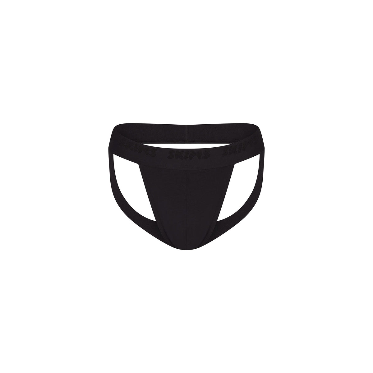 SKIMS STRETCH MENS JOCKSTRAP | OBSIDIAN FLAT ON A WHITE BACKGROUND @ | FOCUS: 0.0, 1.0, 0.9