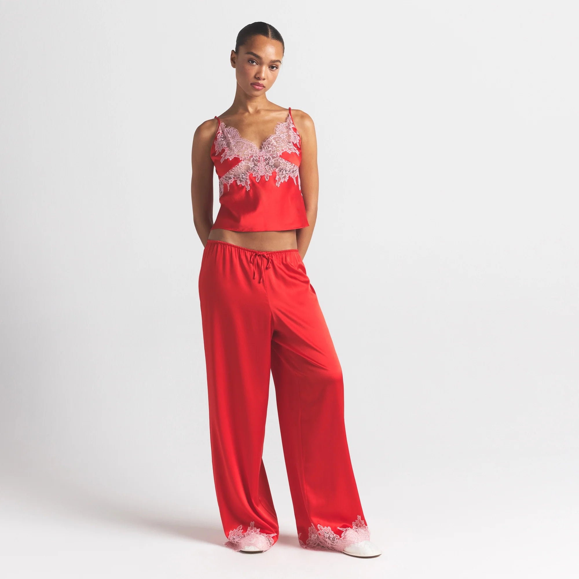 SILK LACE CAMI | RUBY CONTRAST ON A MODEL FRONT VIEW @ | FOCUS: 0.0, 1.0, 0.9
