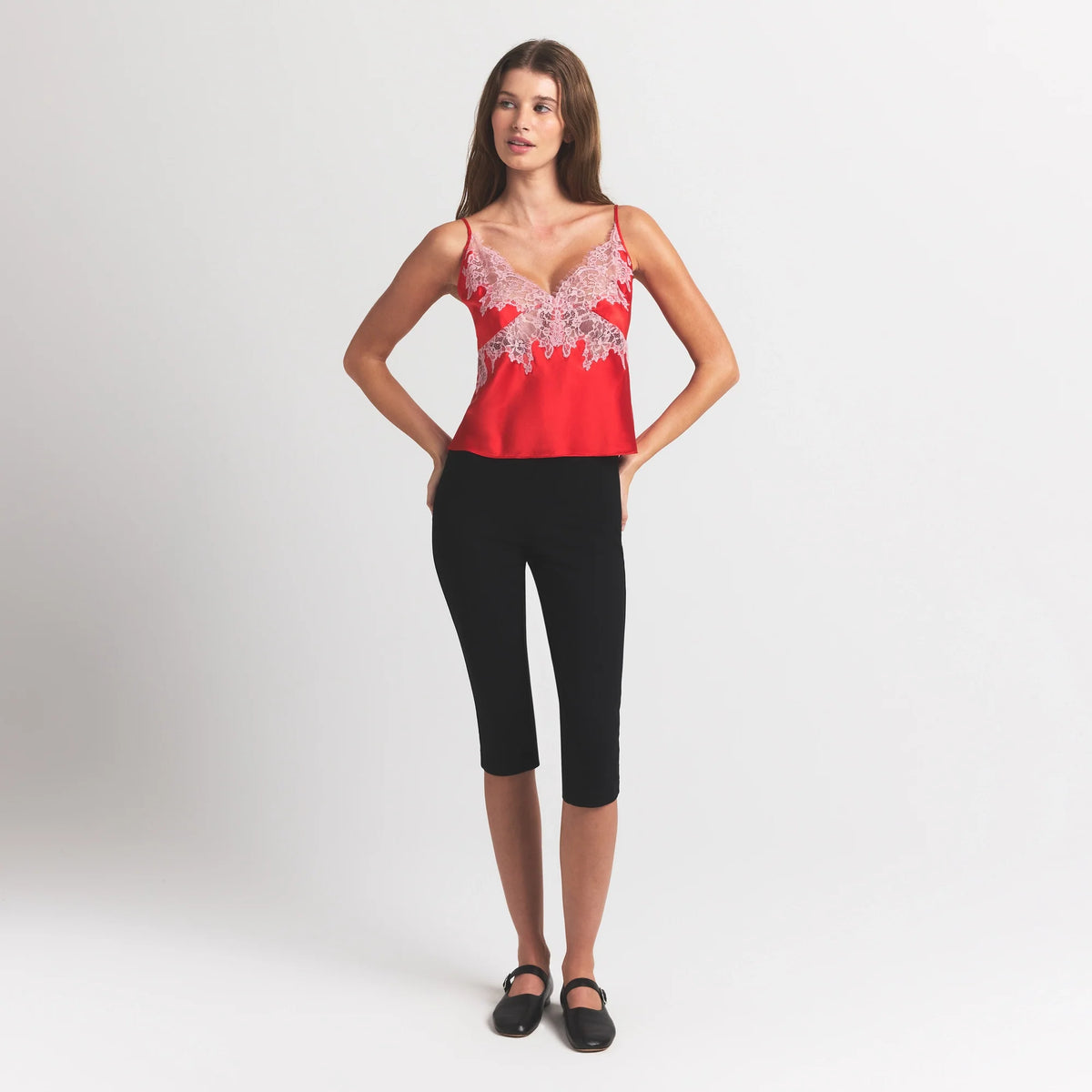SILK LACE CAMI | RUBY CONTRAST ON A MODEL FRONT VIEW @ | FOCUS: 0.0, 1.0, 0.9
