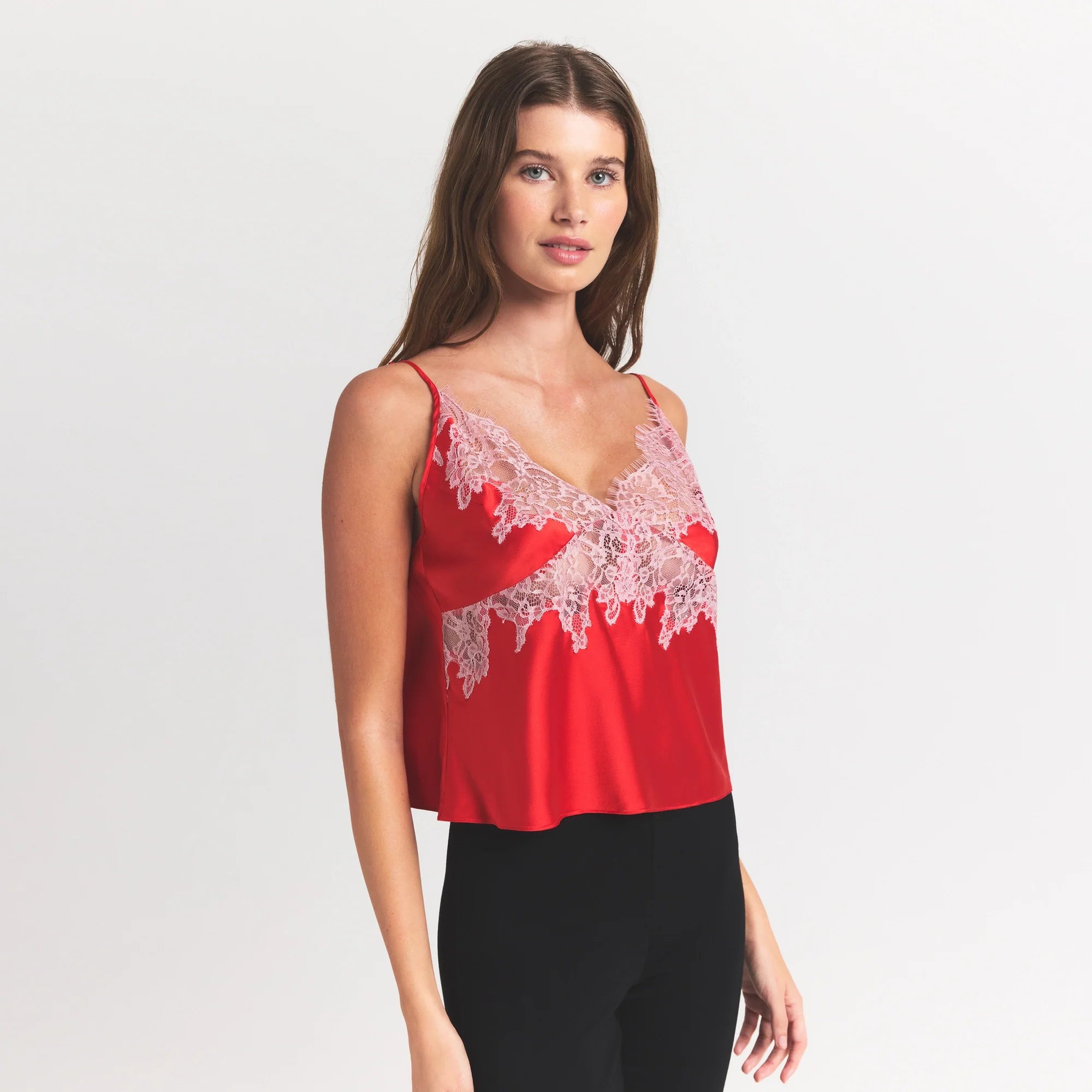 SILK LACE CAMI | RUBY CONTRAST ON A MODEL SIDE VIEW @ | FOCUS: 0.0, 1.0, 0.9