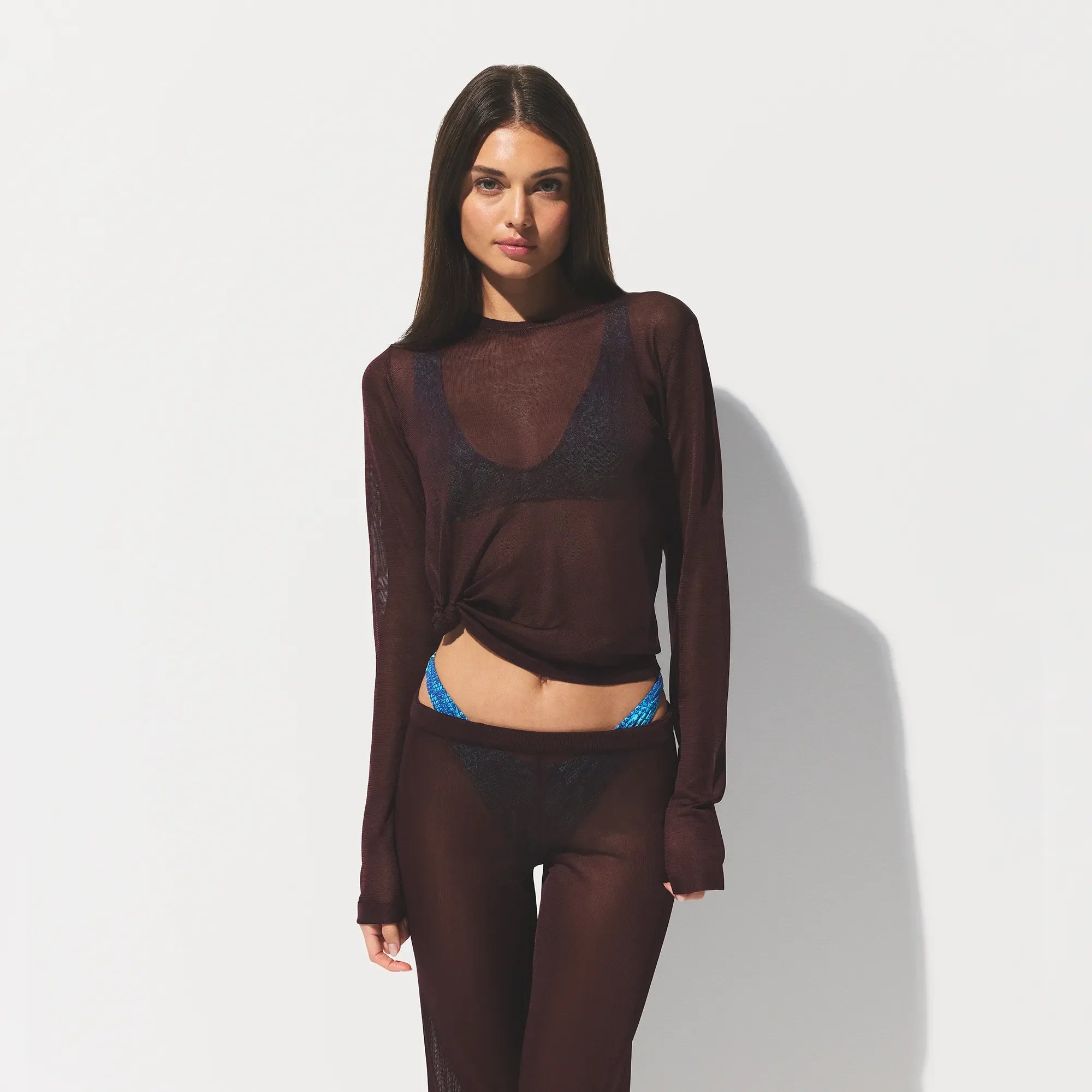 SLINKY KNIT CREW NECK LONG SLEEVE TOP | CURRANT ON A MODEL FRONT VIEW @ | FOCUS: 0.0, 1.0, 0.9