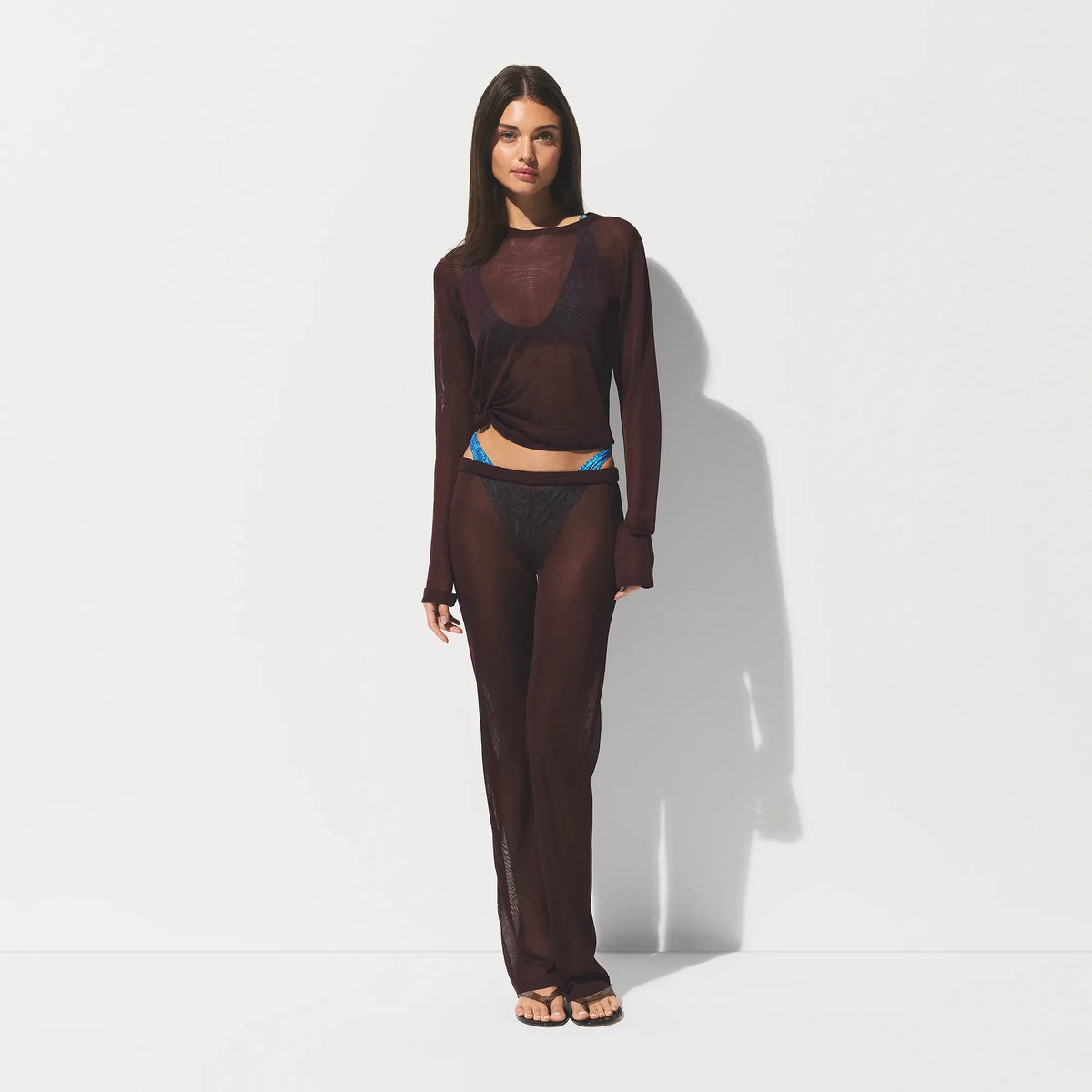 SLINKY KNIT CREW NECK LONG SLEEVE TOP | CURRANT ON A MODEL FRONT VIEW @ | FOCUS: 0.0, 1.0, 0.9