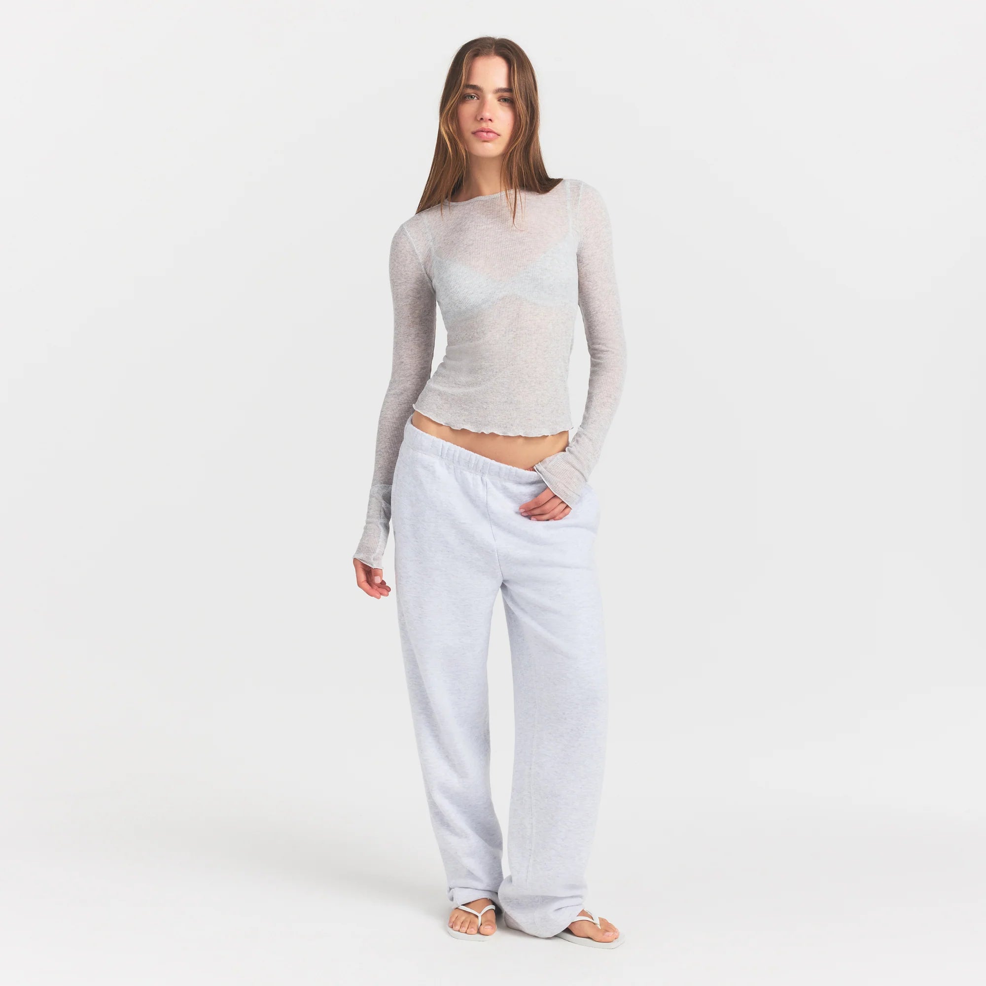 SHEER RIB LONG SLEEVE | LIGHT HEATHER GREY ON A MODEL FRONT VIEW @ | FOCUS: 0.0, 1.0, 0.9