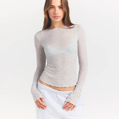 SHEER RIB LONG SLEEVE | LIGHT HEATHER GREY ON A MODEL SIDE VIEW @ | FOCUS: 0.0, 1.0, 0.9