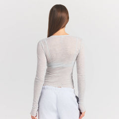 SHEER RIB LONG SLEEVE | LIGHT HEATHER GREY ON A MODEL SIDE VIEW @ | FOCUS: 0.0, 1.0, 0.9