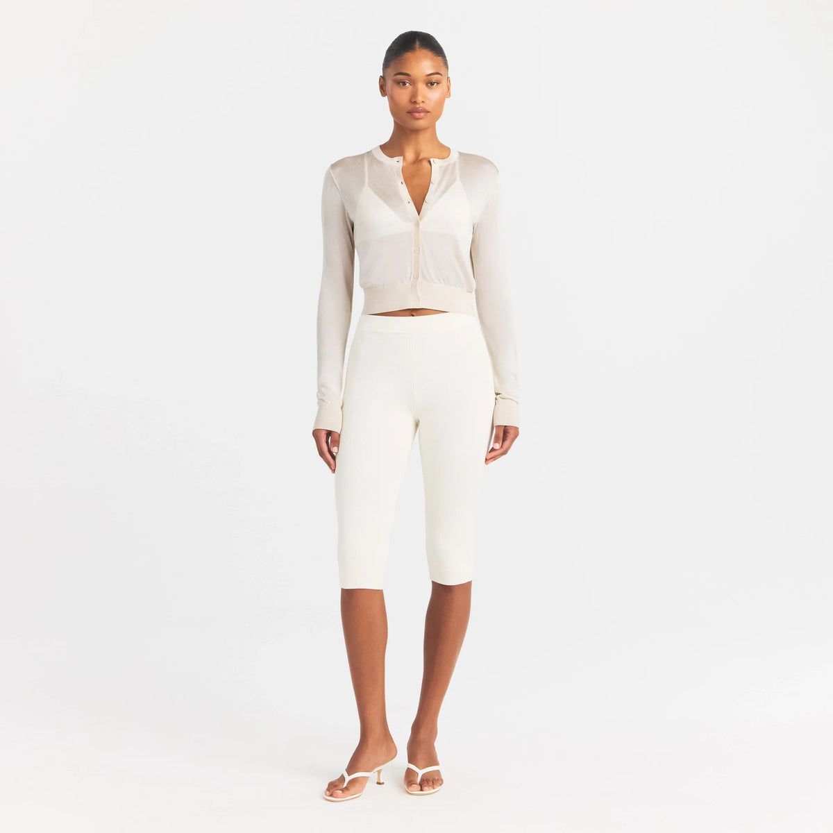 SLINKY KNIT CARDIGAN | BUFF ON A MODEL FRONT VIEW @ | FOCUS: 0.0, 1.0, 0.9