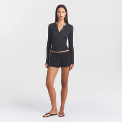 SHEER MODAL CREWNECK HENLEY | ONYX ON A MODEL FRONT VIEW