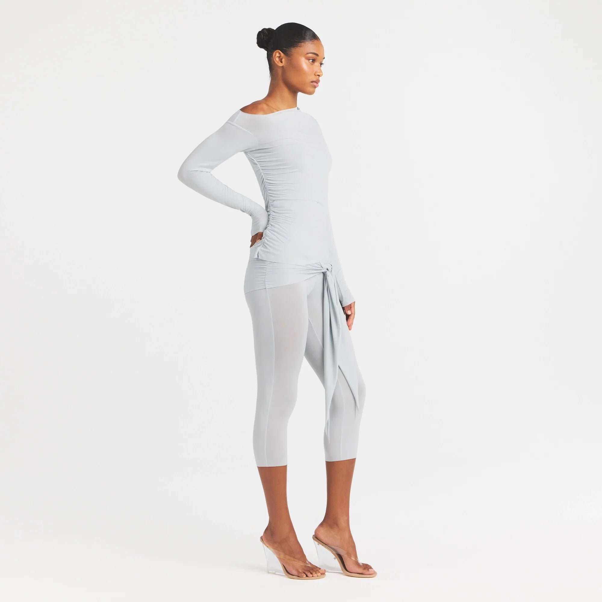 CUPRO JERSEY ASYMMETRICAL TOP | PEARL ON A MODEL FRONT VIEW @ | FOCUS: 0.0, 1.0, 0.9