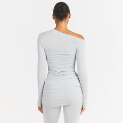 CUPRO JERSEY ASYMMETRICAL TOP | PEARL ON A MODEL SIDE VIEW @ | FOCUS: 0.0, 1.0, 0.9