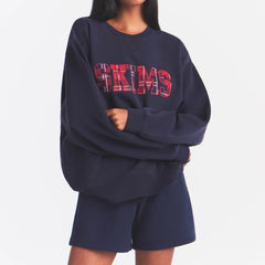 BOYFRIEND FLEECE OVERSIZED CREWNECK | BLUE BLACK SKIMS PLAID ON A MODEL | FOCUS: 0.0, 1.0, 0.9