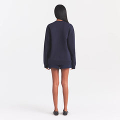 BOYFRIEND FLEECE OVERSIZED CREWNECK | BLUE BLACK SKIMS PLAID ON A MODEL | FOCUS: 0.0, 1.0, 0.9