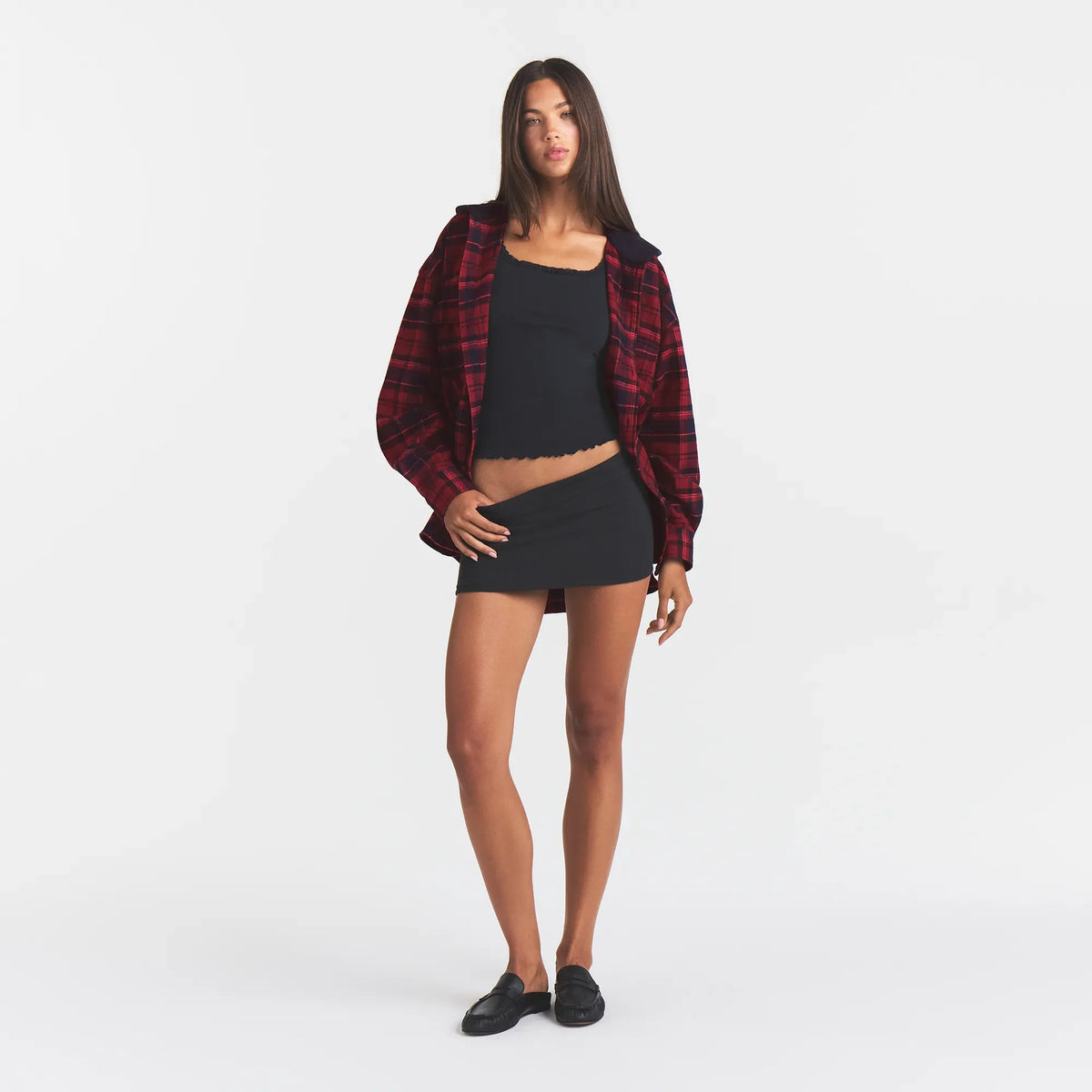 OUTDOOR FLANNEL OVERSIZED HOODED SHIRT | MERLOT CABIN PLAID ON A MODEL | FOCUS: 0.0, 1.0, 0.9