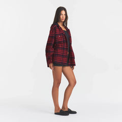 OUTDOOR FLANNEL OVERSIZED HOODED SHIRT | MERLOT CABIN PLAID ON A MODEL | FOCUS: 0.0, 1.0, 0.9