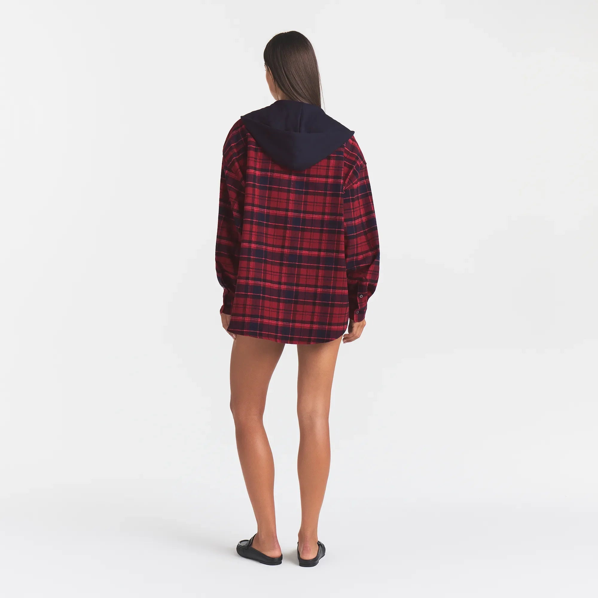 OUTDOOR FLANNEL OVERSIZED HOODED SHIRT | MERLOT CABIN PLAID ON A MODEL | FOCUS: 0.0, 1.0, 0.9