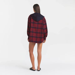 OUTDOOR FLANNEL OVERSIZED HOODED SHIRT | MERLOT CABIN PLAID ON A MODEL | FOCUS: 0.0, 1.0, 0.9