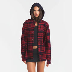 OUTDOOR FLANNEL OVERSIZED HOODED SHIRT | MERLOT CABIN PLAID ON A MODEL | FOCUS: 0.0, 1.0, 0.9