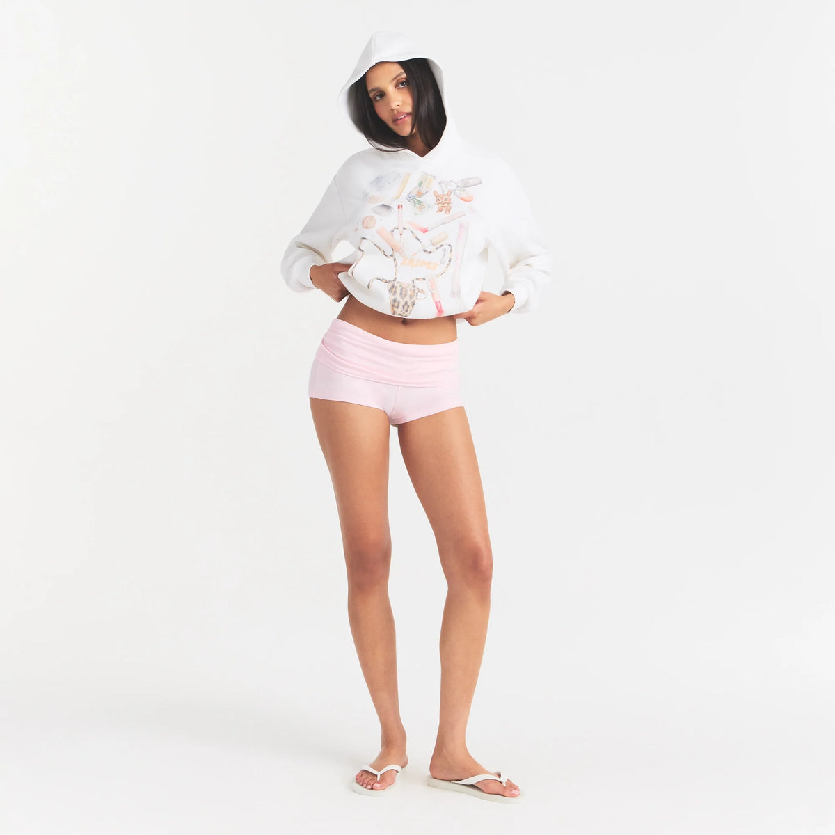 COTTON FLEECE CLASSIC HOODIE | SNOW IN MY BAG ON A MODEL FRONT VIEW @ | FOCUS: 0.0, 1.0, 0.9