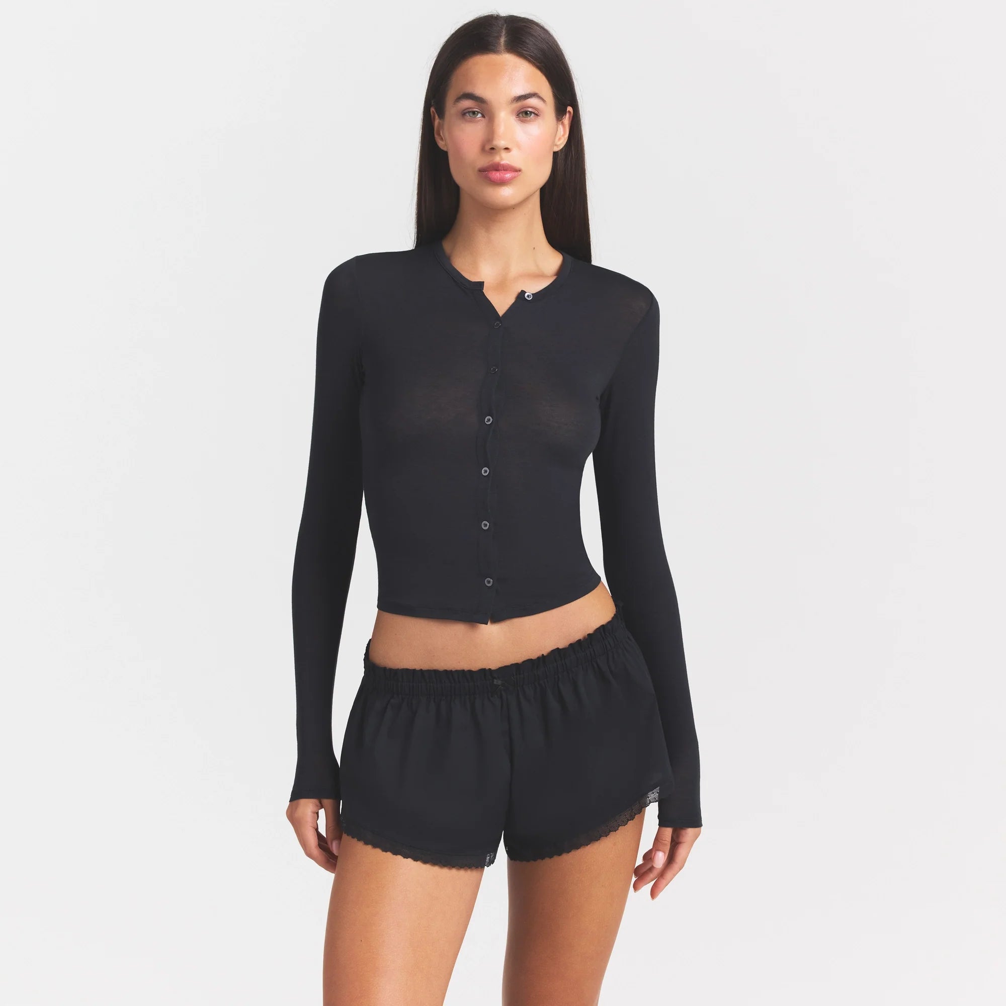 SHEER MODAL CARDIGAN | ONYX ON A MODEL SIDE VIEW @ | FOCUS: 0.0, 1.0, 0.9