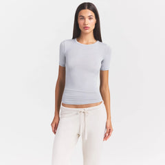 SHEER MODAL LONG T-SHIRT | HEATHER GREY ON A MODEL SIDE VIEW