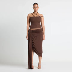 VETTESE X SKIMS SHEER MODAL TOP | COCOA ON A MODEL FRONT VIEW | FOCUS: 0.0, 1.0, 0.9