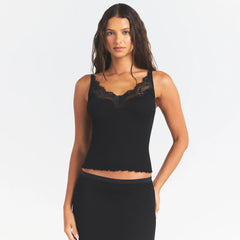 RIB KNIT LACE CAMI | OBSIDIAN ON A MODEL SIDE VIEW @ | FOCUS: 0.0, 1.0, 0.9