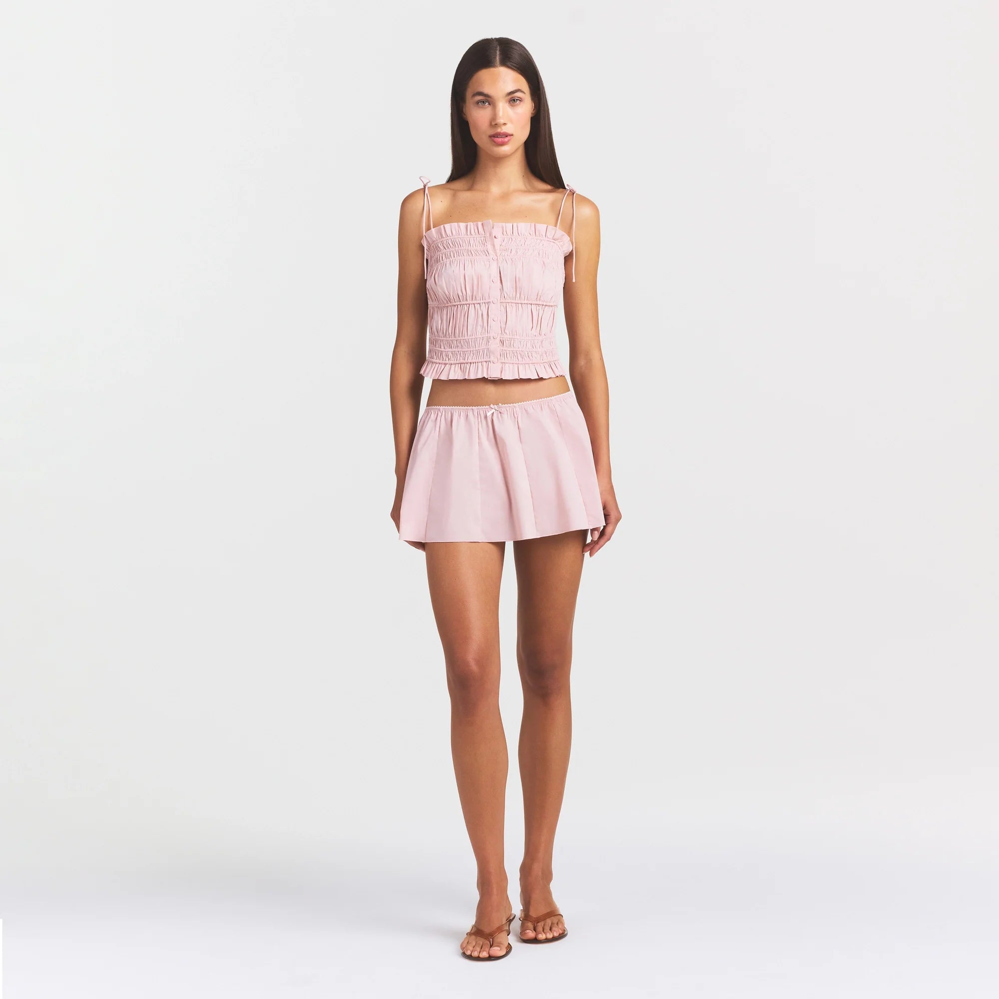 COTTON POPLIN RUFFLE CAMI | DUSTY PINK ON A MODEL FRONT VIEW @ | FOCUS: 0.0, 1.0, 0.9