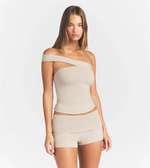 COTTON JERSEY ASYMMETRICAL TUBE TOP | STONE ON A MODEL FRONT VIEW @ | FOCUS: 0.0, 1.0, 0.9