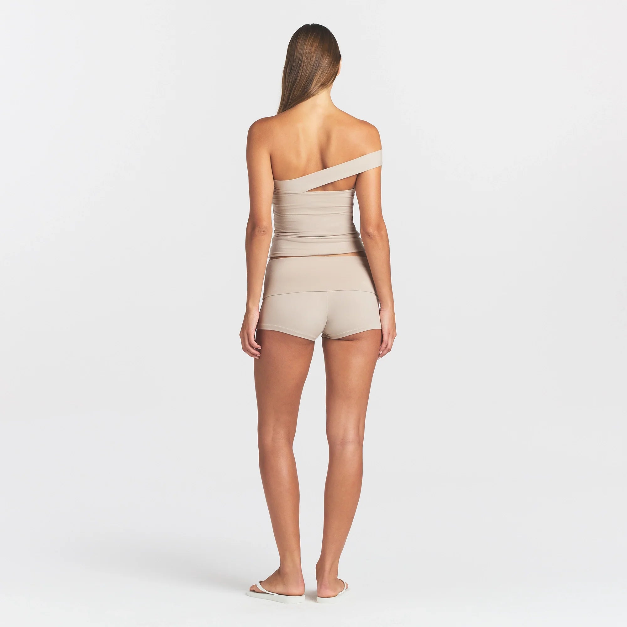 COTTON JERSEY ASYMMETRICAL TUBE TOP | STONE ON A MODEL BACK VIEW @ | FOCUS: 0.0, 1.0, 0.9