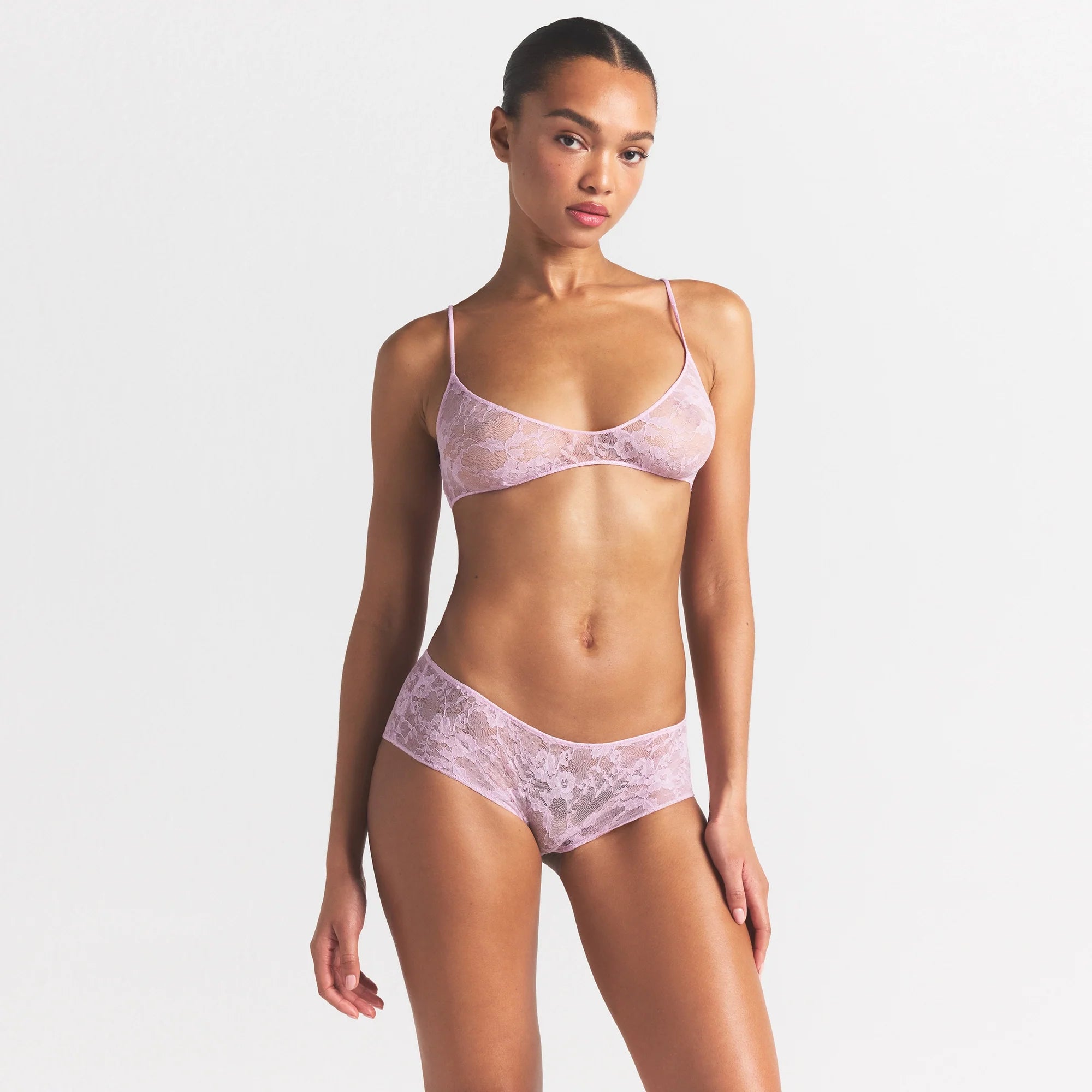 STRETCH LACE SKIMPY SCOOP BRALETTE | BABY PINK ON A MODEL SIDE VIEW @ | FOCUS: 0.0, 1.0, 0.9