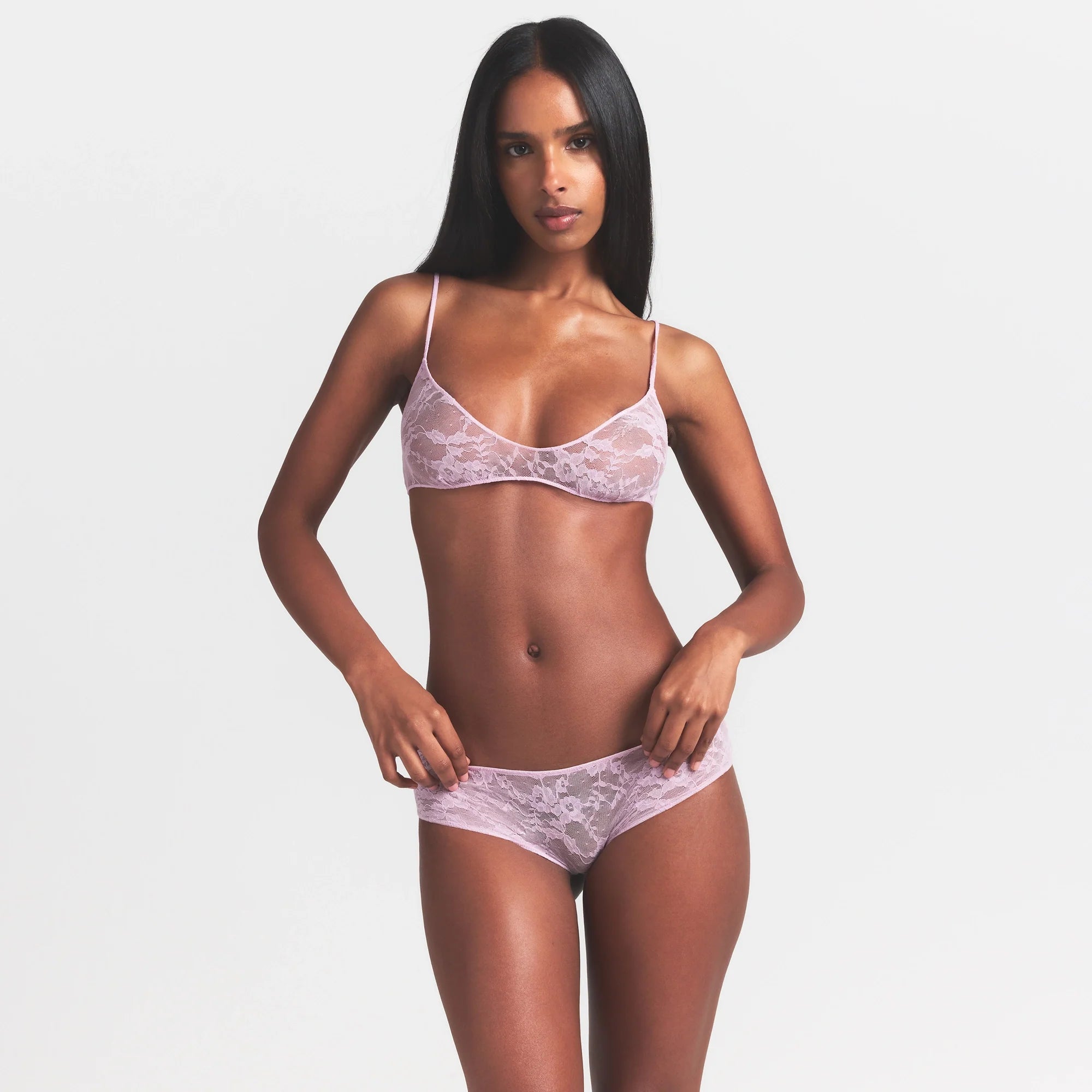 STRETCH LACE SKIMPY SCOOP BRALETTE | BABY PINK ON A MODEL SIDE VIEW @ | FOCUS: 0.0, 1.0, 0.9