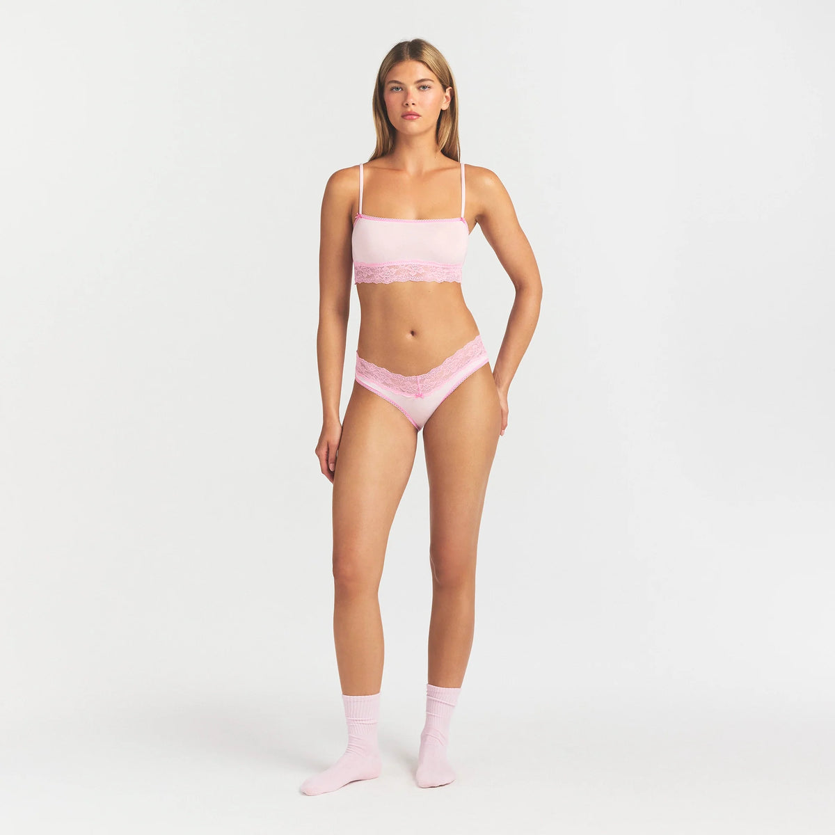 LIGHTWEIGHT COTTON WIDE LACE BRIEF | CHERRY BLOSSOM TONAL ON A MODEL FRONT VIEW @ | FOCUS: 0.0, 1.0, 0.9