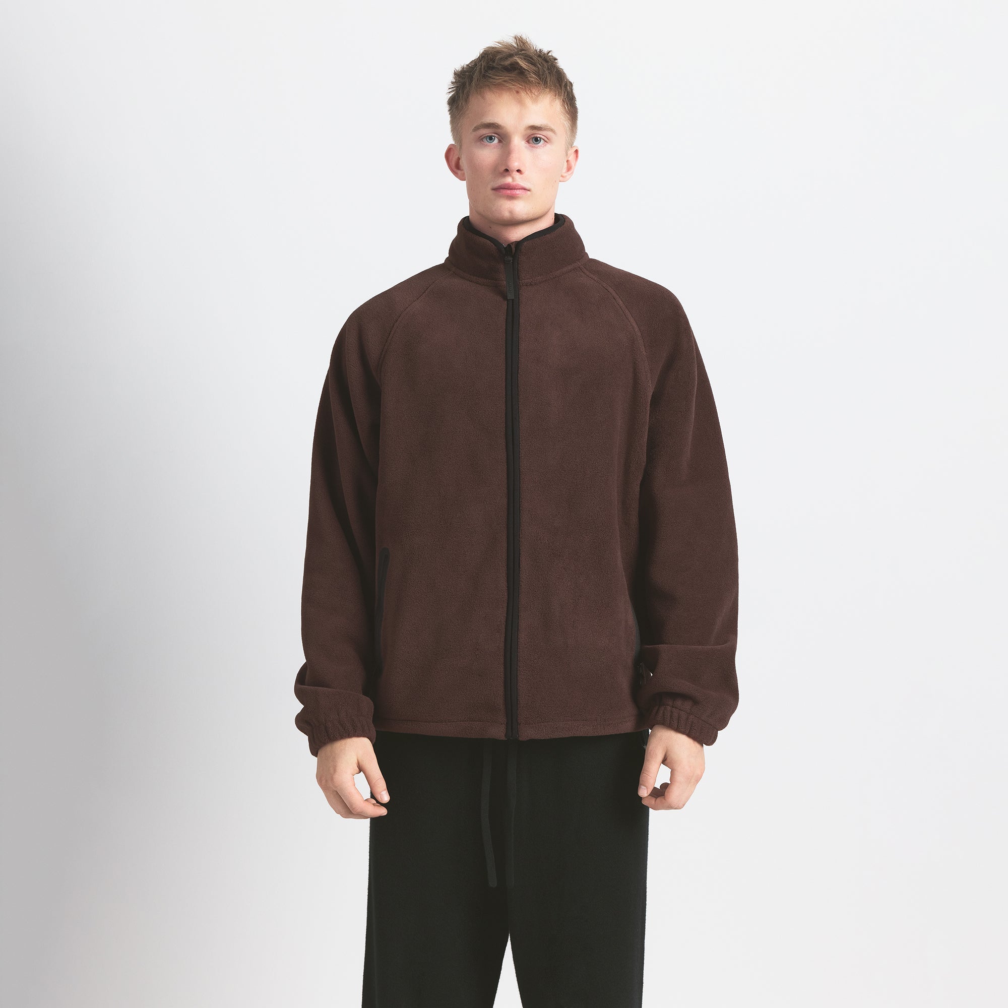 POLAR FLEECE MENS ZIP UP JACKET | ESPRESSO ON A MODEL FRONT VIEW @ | FOCUS: 0.0, 1.0, 0.9